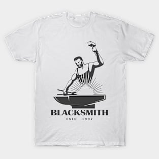 Blacksmith Emblem in Engraving Style. Vector Illustration. T-Shirt